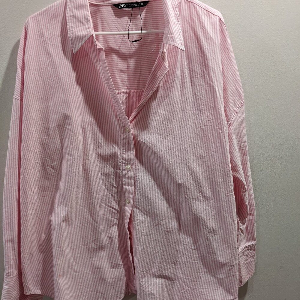 Zara Women's Button Up Pink/White Striped Long Sleeved Oxford Shirt Size XXL EUC